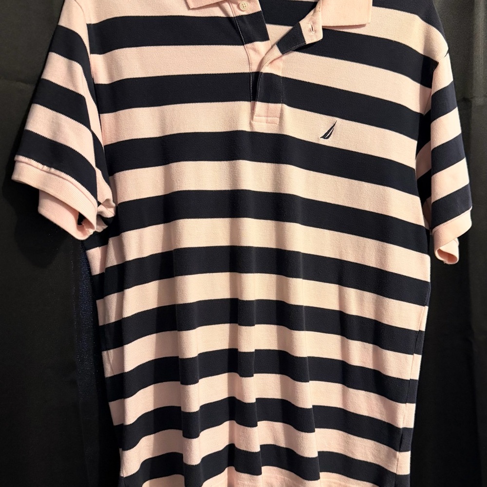 Nautica Pink and Navy Striped Short Sleeve Polo